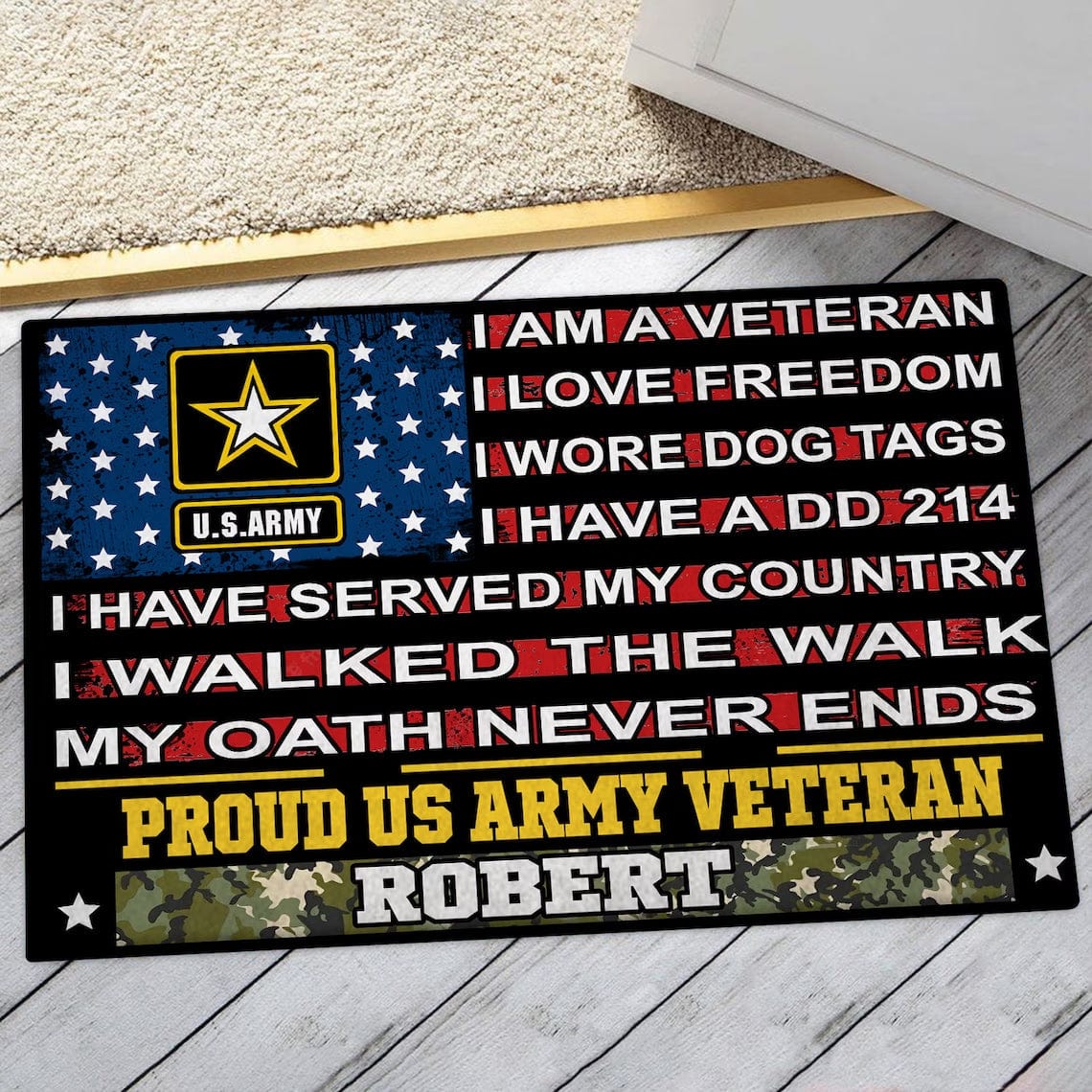 Felpudo personalizado con la frase "Soy un veterano, orgulloso veterano del ejército"