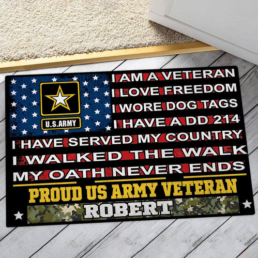Felpudo personalizado con la frase "Soy un veterano, orgulloso veterano del ejército"