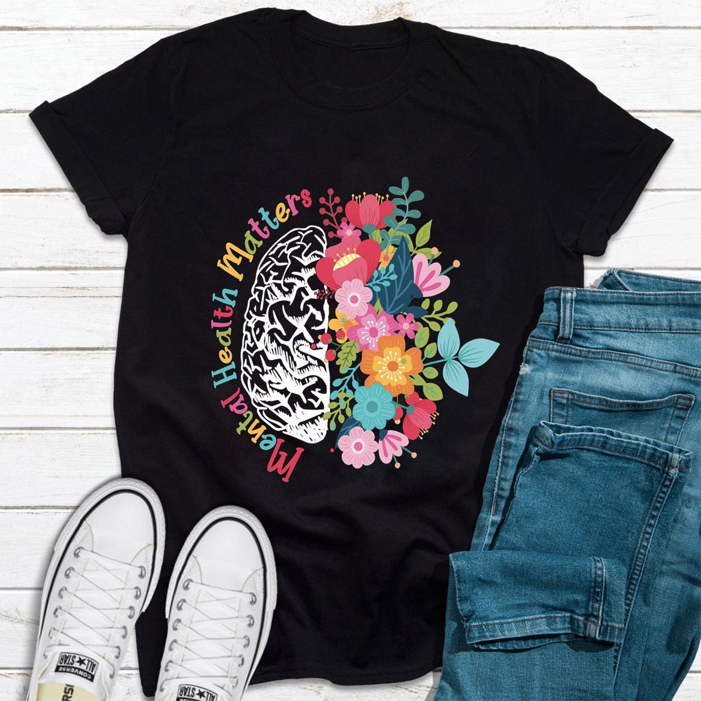 Floral Brain Mental Health Matters T-Shirt