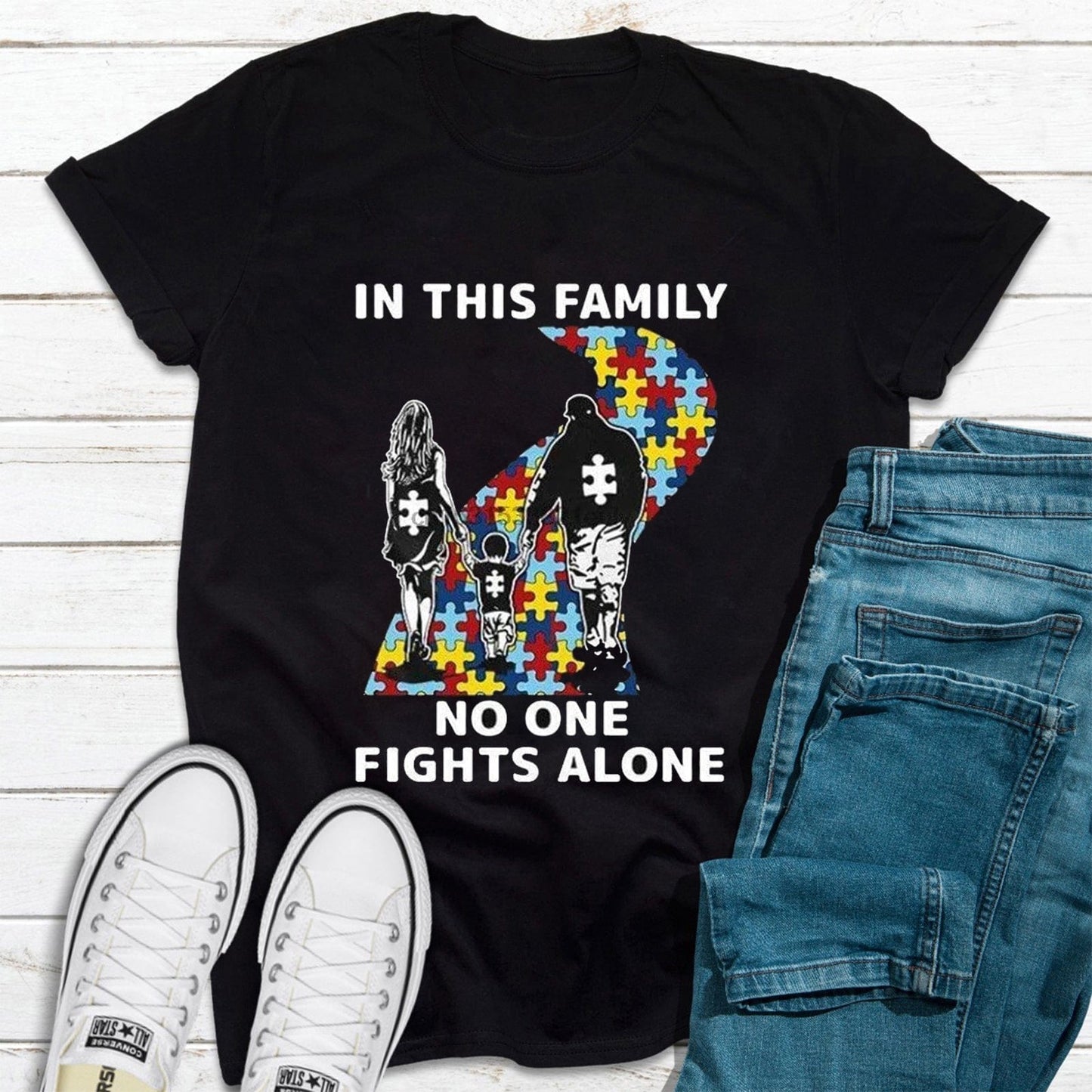 In This Family No One Fights Alone Autism Awareness Shirt