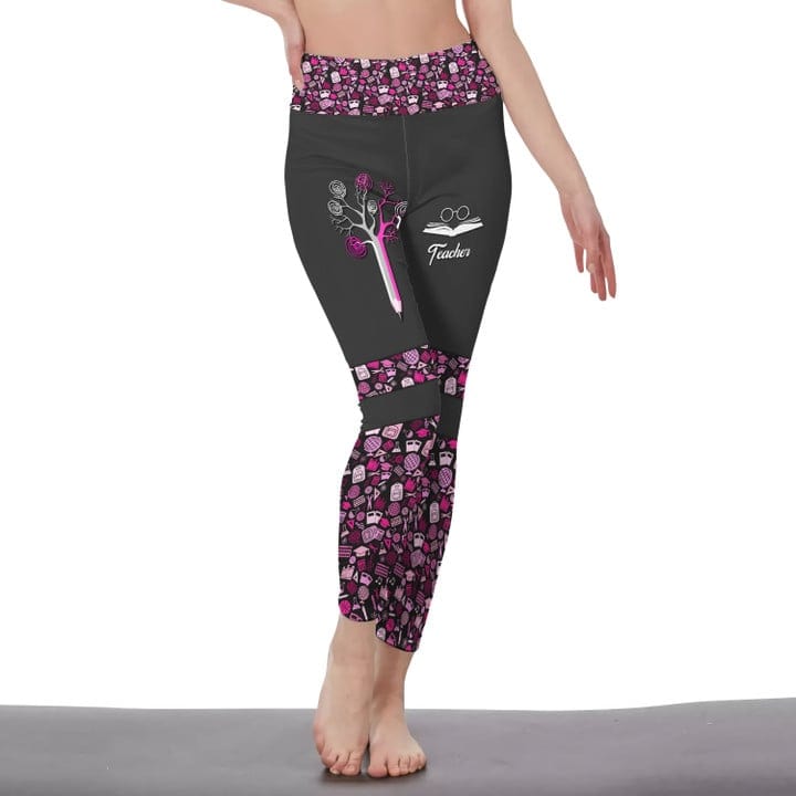 Teacher Legging Teacher Tools Pattern Legging Black Pink Pencil Tree Legging
