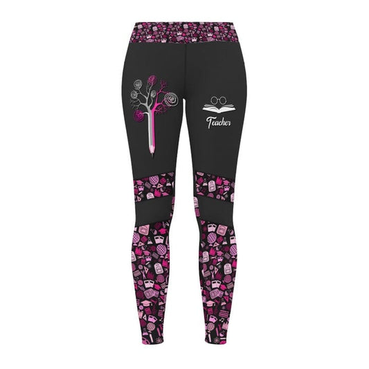 Leggings para profesores Herramientas para profesores Patrón Leggings Lápiz negro rosa Leggings con forma de árbol