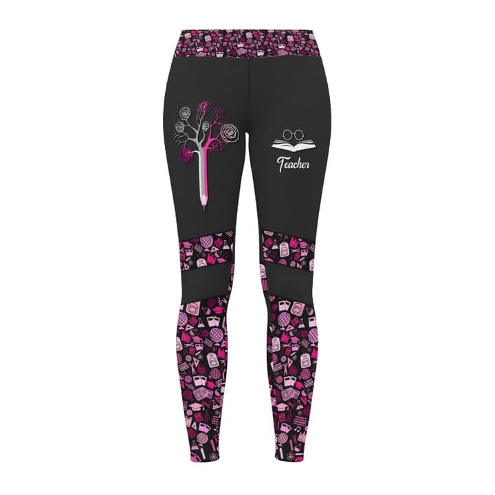 Leggings para profesores Herramientas para profesores Patrón Leggings Lápiz negro rosa Leggings con forma de árbol