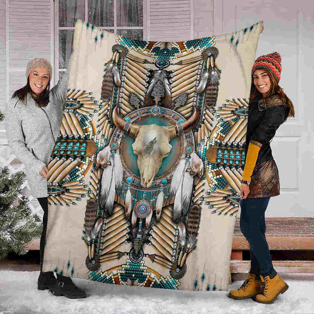 Native American Buffalo Skull Feather Fleece & Sherpa Blanket