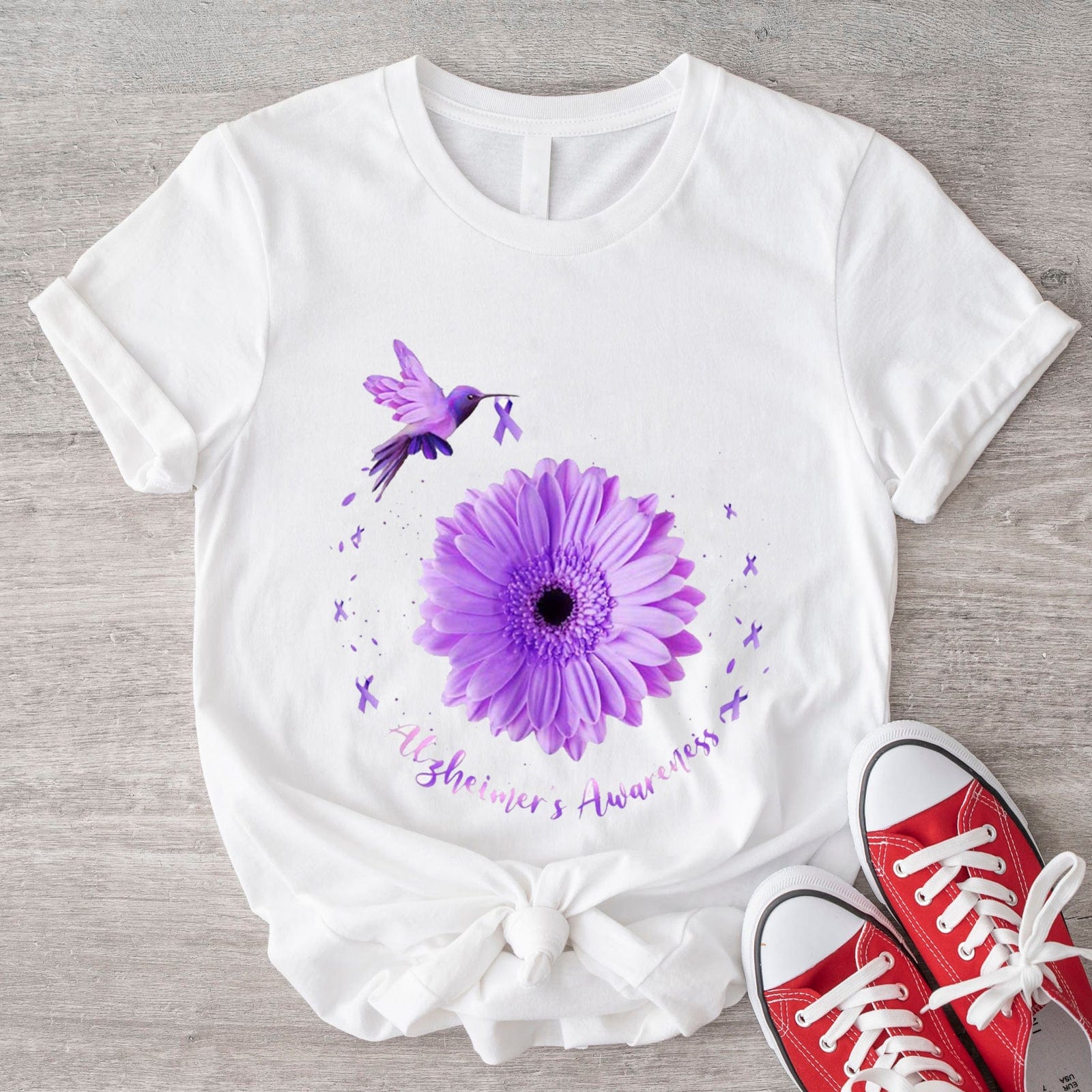 Camisetas de concienciación sobre el Alzheimer con forma de colibrí