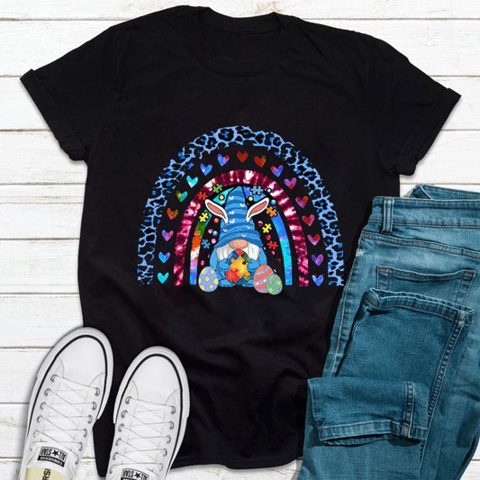 Camiseta del día de Pascua con gnomo, leopardo y arcoíris para concienciar sobre el autismo