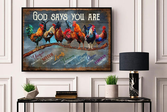 Póster, lienzo: Dios dice que eres un pollo
