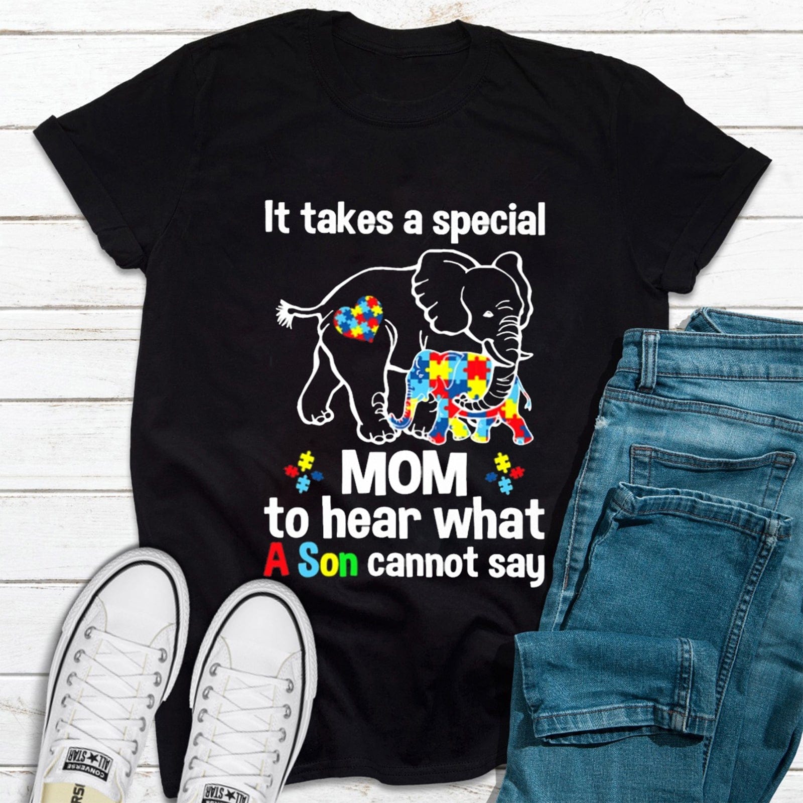 Special Mom To Hear What A Son Cannot Say Elephant Puzzle Autism Awareness T-Shirt