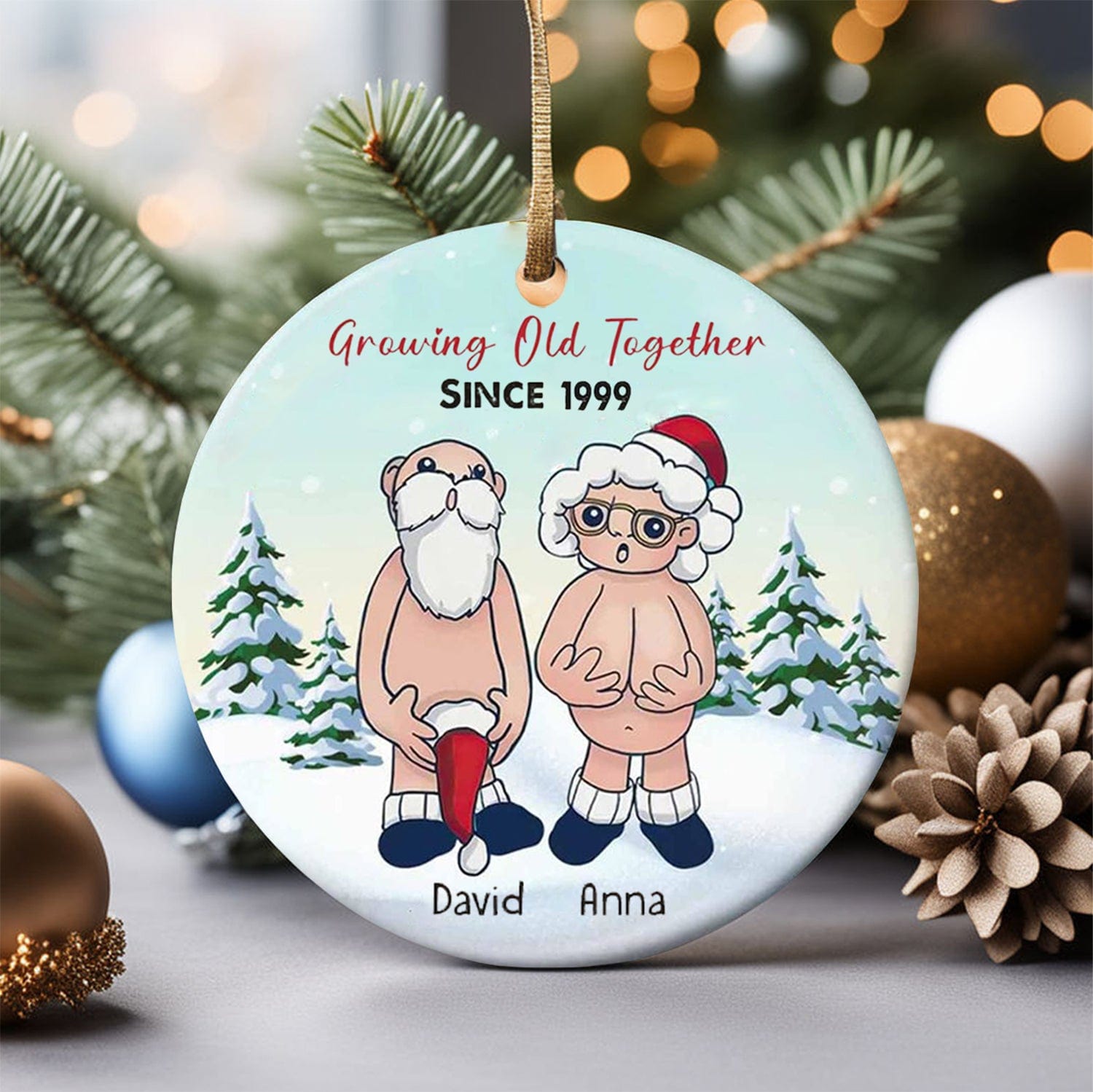 Personalized Christmas Ornament, Funny Santa Couple Growing Old Together, Christmas Tree Hanging Ornament