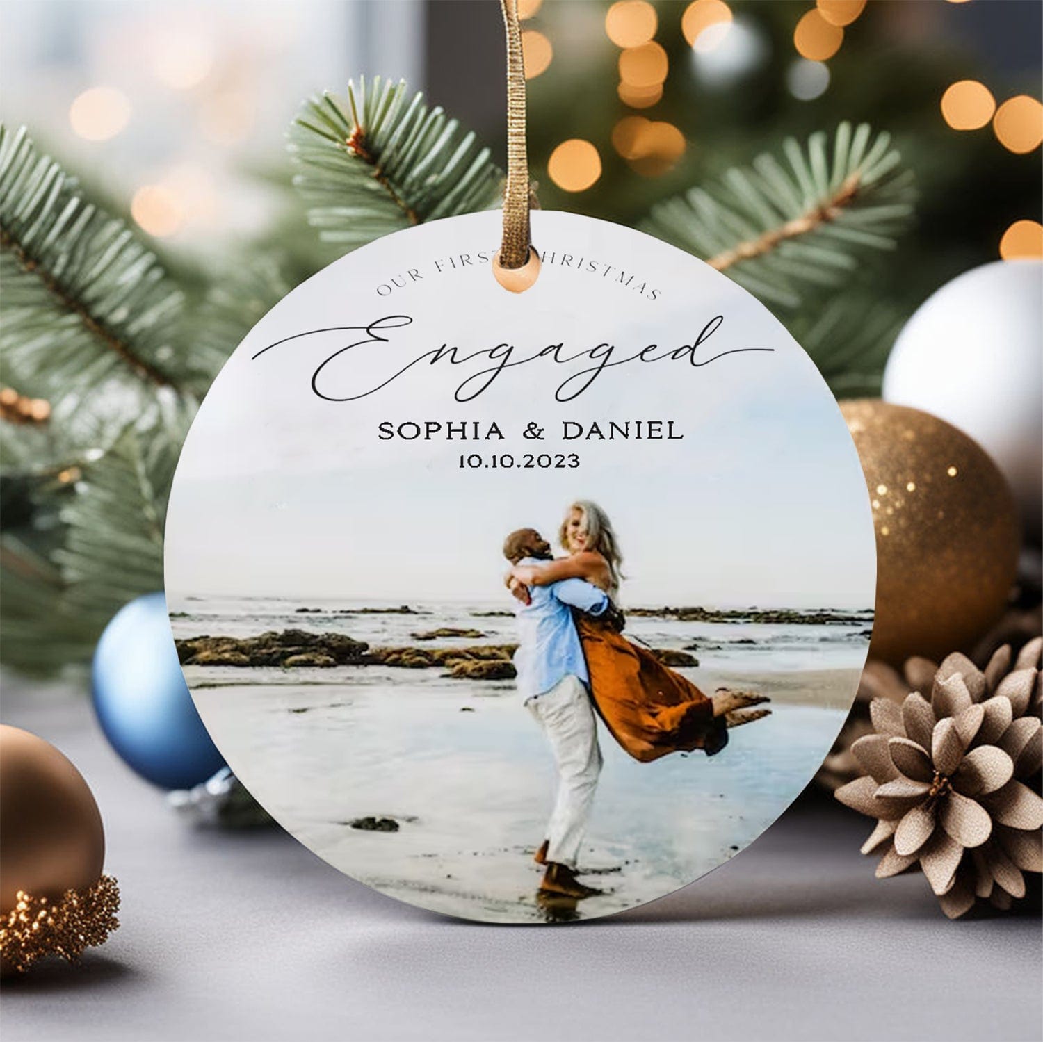 Personalized Christmas Ornament, Custom Couple Engage Christmas Tree Hanging Ornament