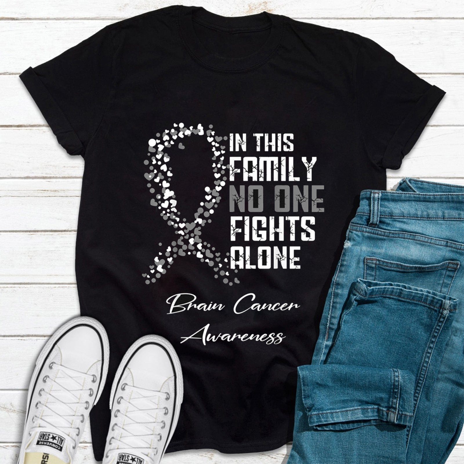 En esta familia nadie lucha solo Camiseta de concienciación sobre el cáncer cerebral