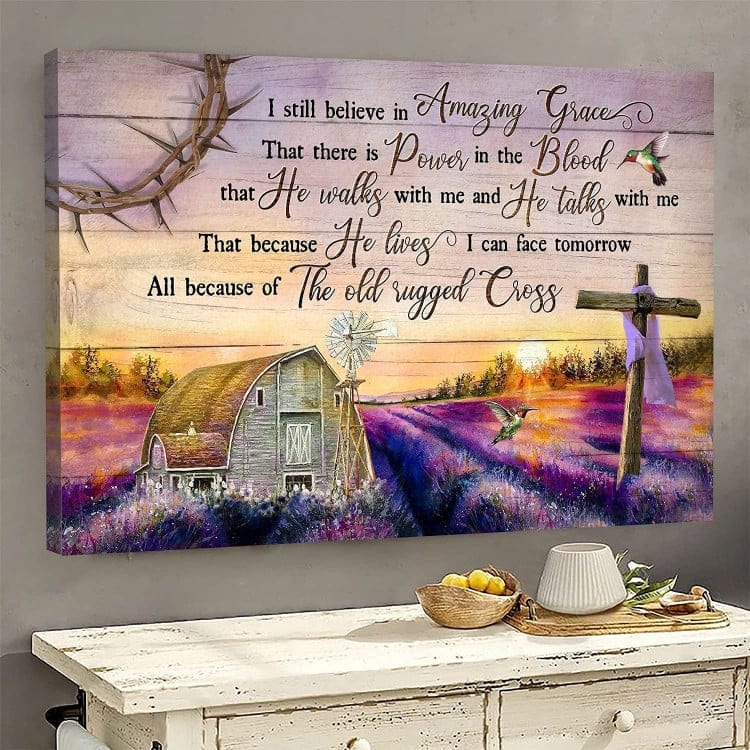 Christian Farmhouse Canvas, Poster - "Amazing Grace" Rustic Lavender Field Wall Art