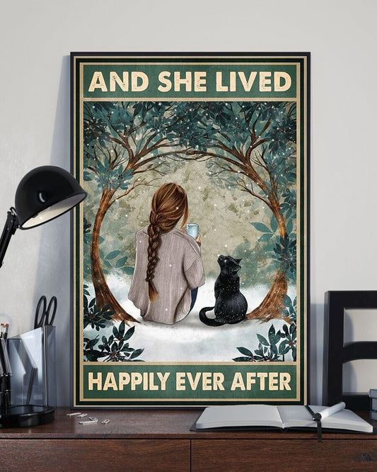Y ella vivió feliz para siempre Póster de niña y gato negro, lienzo