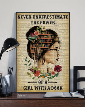 Never Underestimate The Power Of A Girl With Book Poster, Canvas