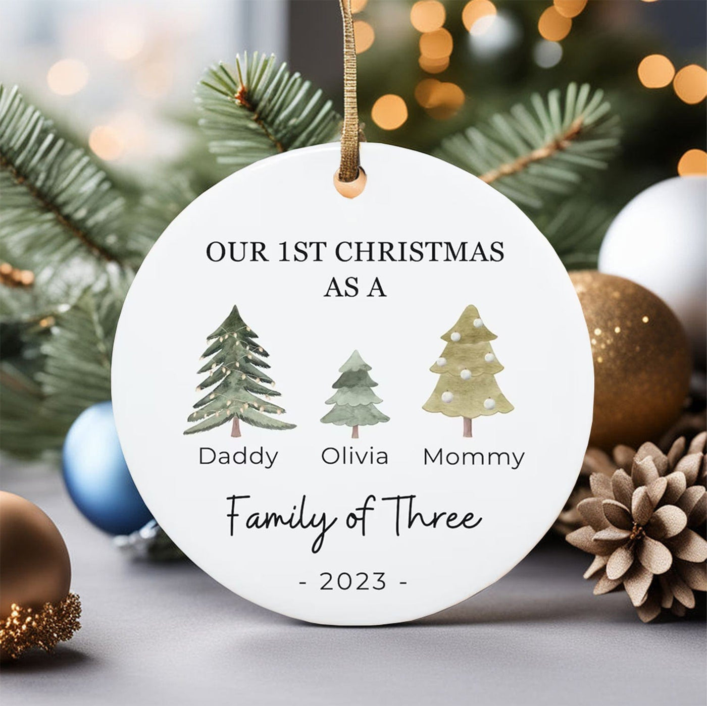 Personalized Our First Christmas As A Family Of Three Ornament, Baby's First Christmas Tree Hanging Ornament