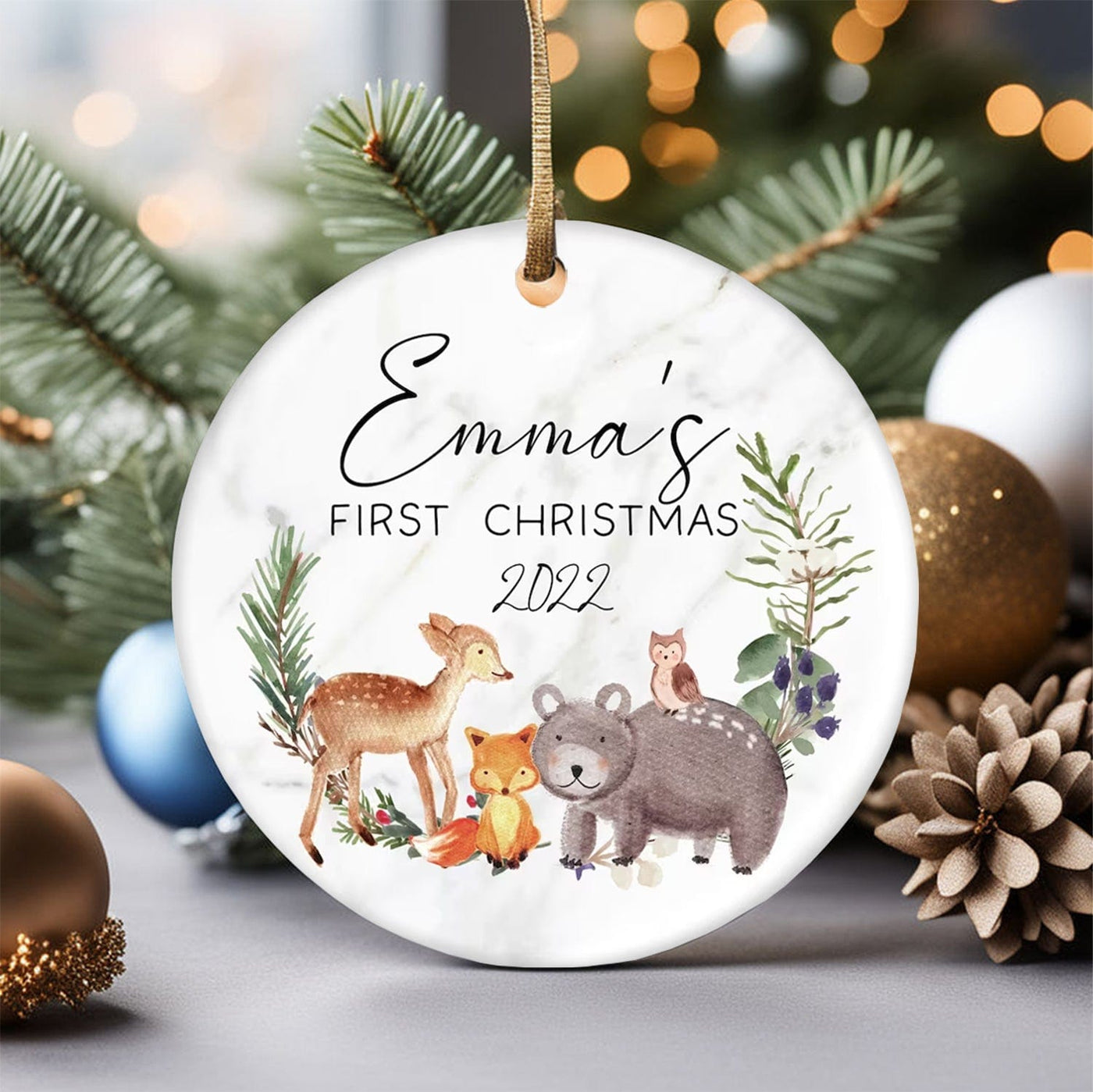 Personalized First Christmas Woodland Creatures Ornament, Baby Christmas Tree Hanging Ornament