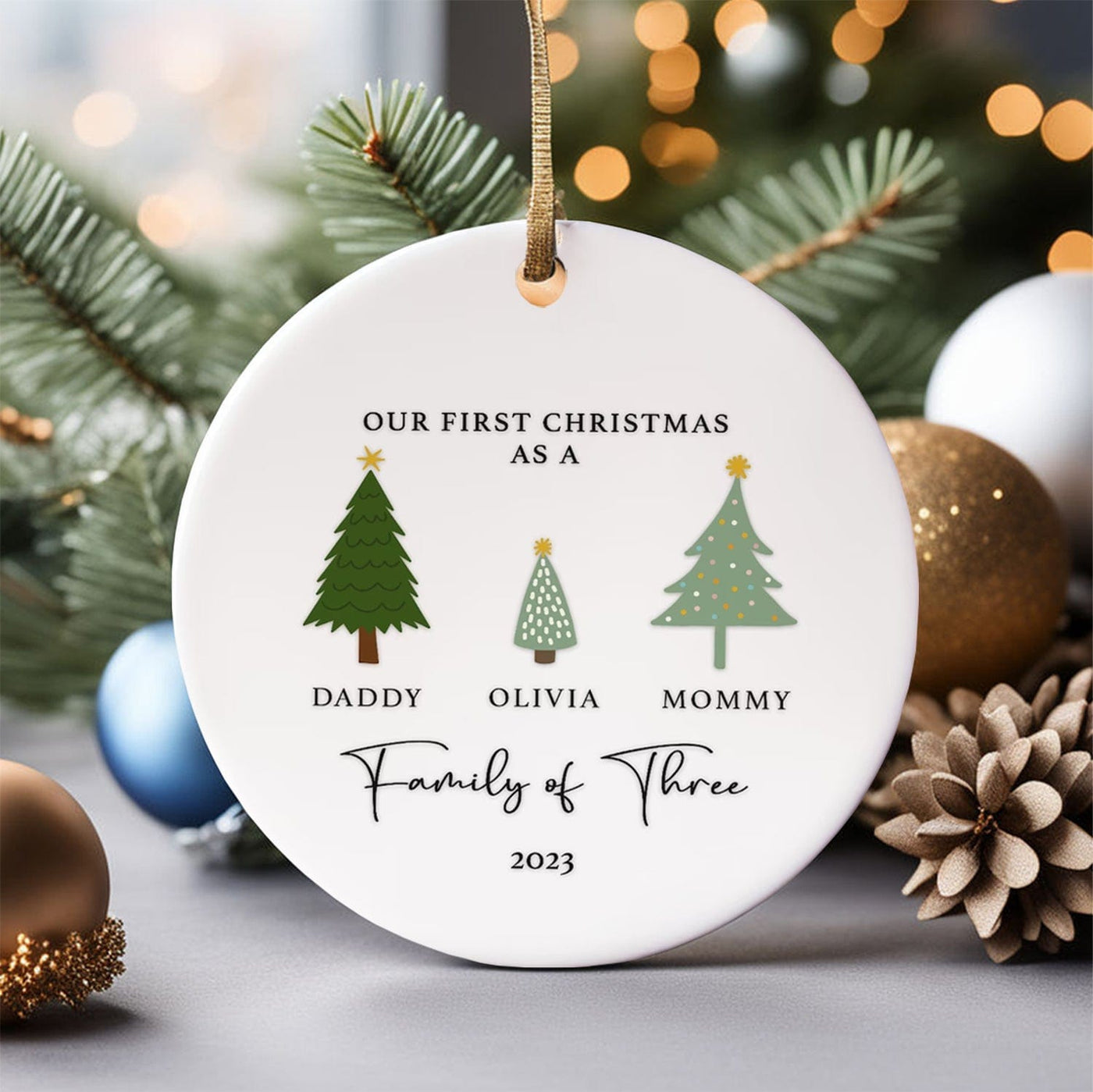 Personalized New Baby Christmas Ornament, Family Of Three Christmas Tree Hanging Ornament