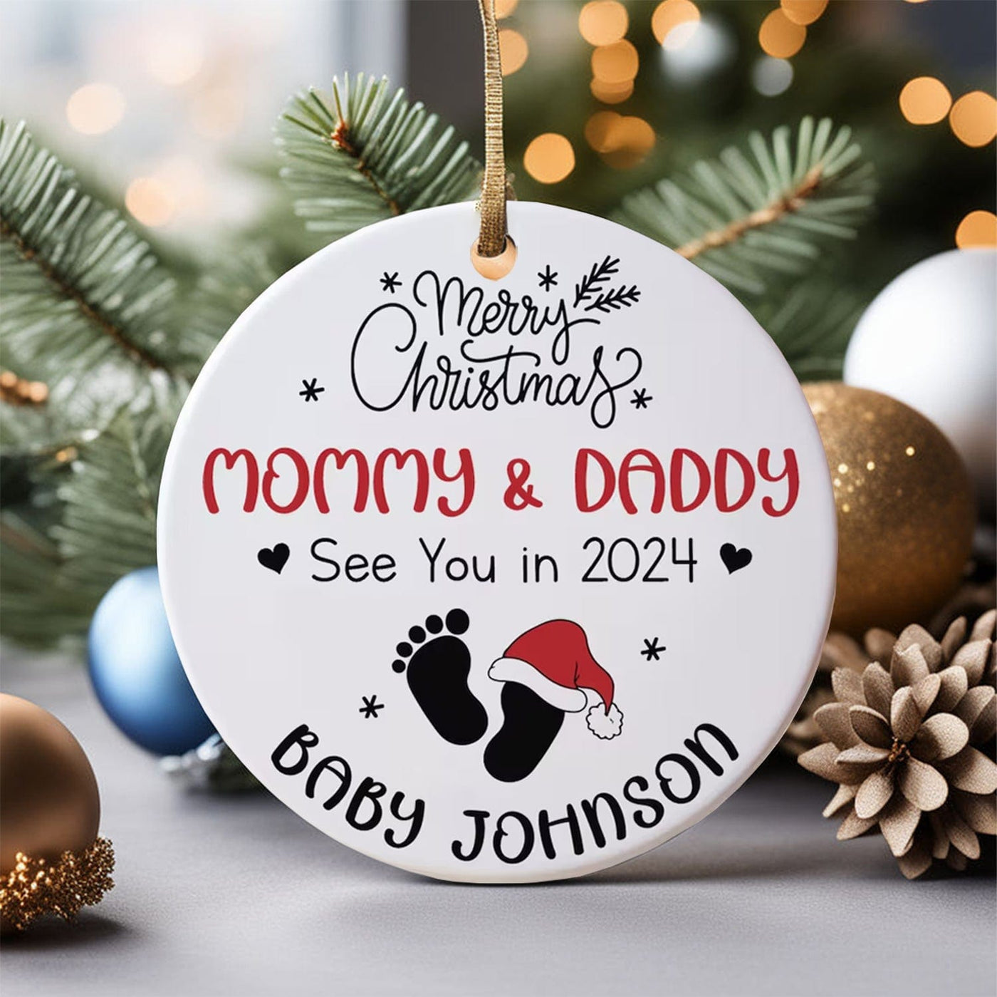 Personalized Pregnancy Christmas Ornament, Merry Christmas Mommy And Daddy Tree Hanging Ornament