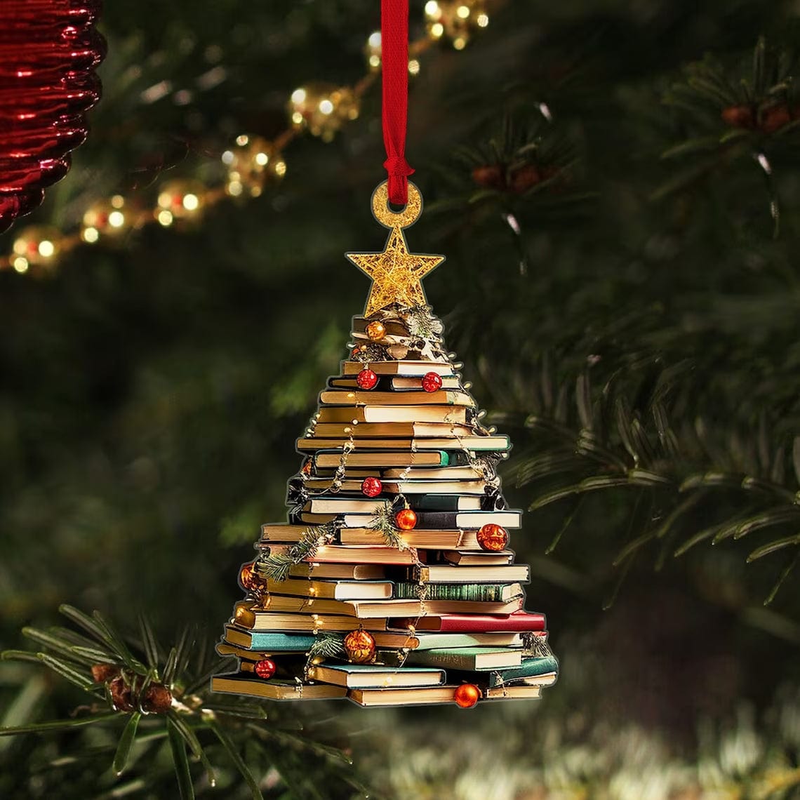 Christmas Book Tree Ornament, Bookshelf Ornament, Gift for Book Lovers