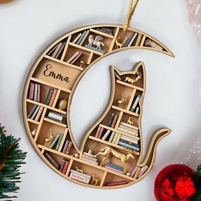 Personalized Bookshelf Ornament For Christmas, Book With Cat Ornament