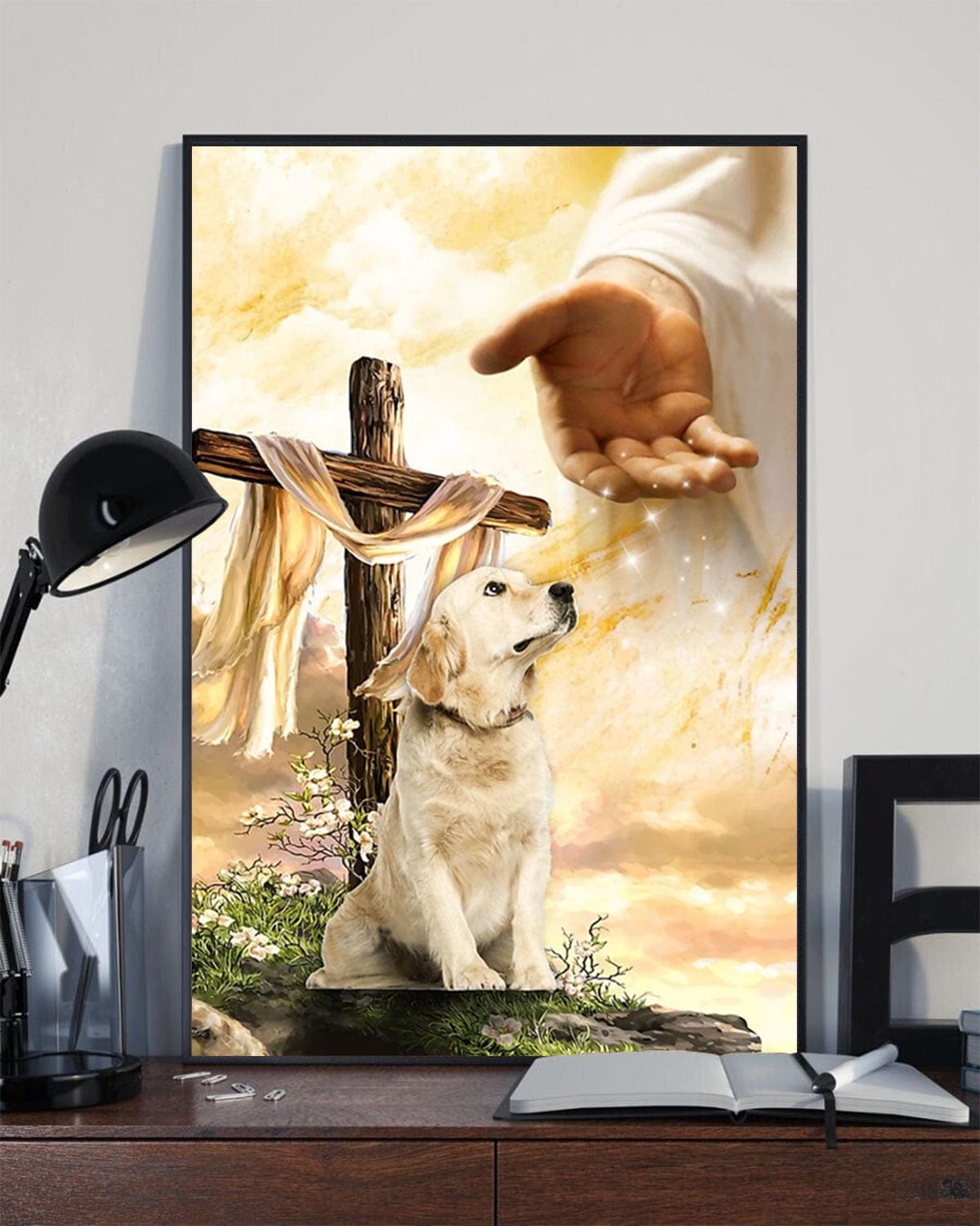 Jesus Christ Gives Hand Golden Retriever Poster, Canvas