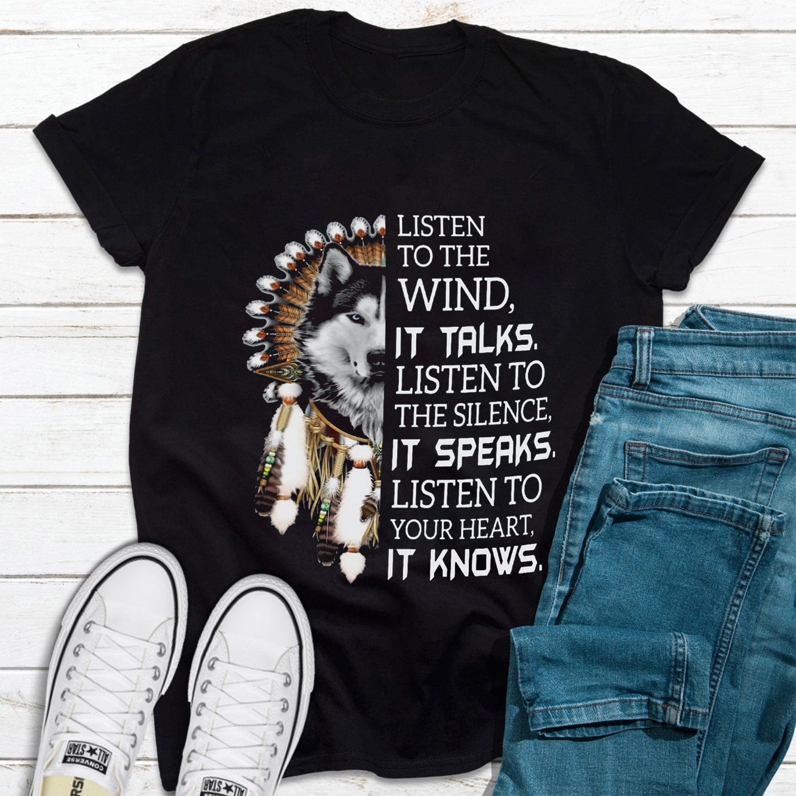 Listen to the Wind, It Talks Spiritual Wolf Native American Shirts