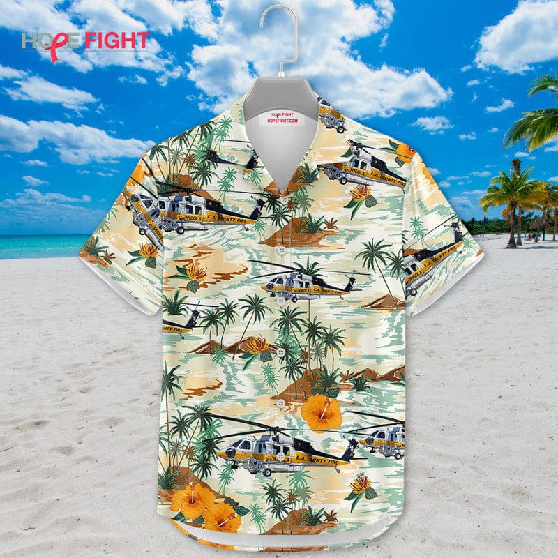 Rescue Helicopter Hawaiian Shirt - LA County Fire & Tropical Desert Design