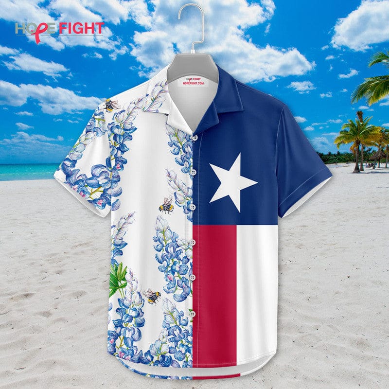 Texas Hawaiian Shirt - Lone Star Flag & Bluebonnet Floral Design