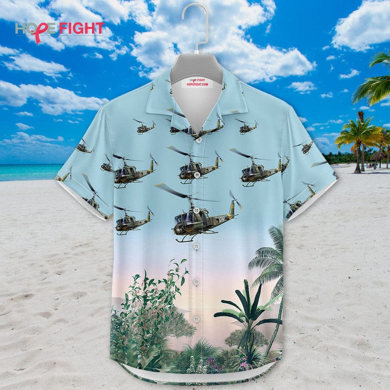 Military Helicopter Hawaiian Shirt - UH-1 Huey & Tropical Jungle Design