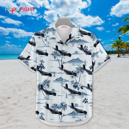 Submarine Hawaiian Shirt - Monochrome Navy & Tropical Island Design
