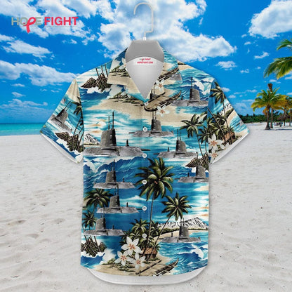 Submarine Hawaiian Shirt - Navy Deep Sea & Tropical Beach Theme