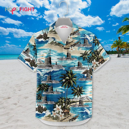 Submarine Hawaiian Shirt - Navy Deep Sea & Tropical Beach Theme