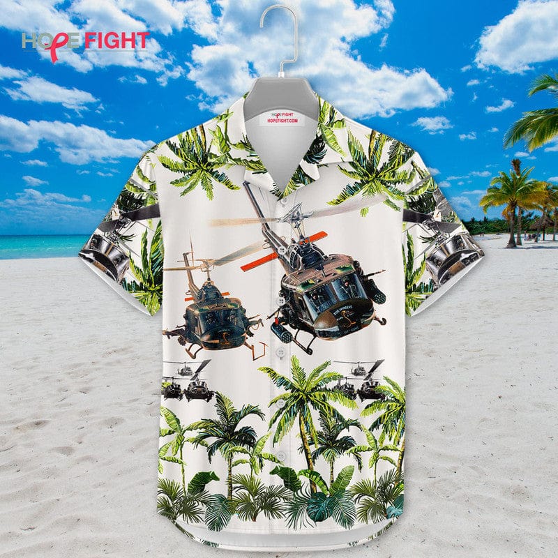 Military Helicopter Hawaiian Shirt - UH-1 Huey & Jungle Camo Design
