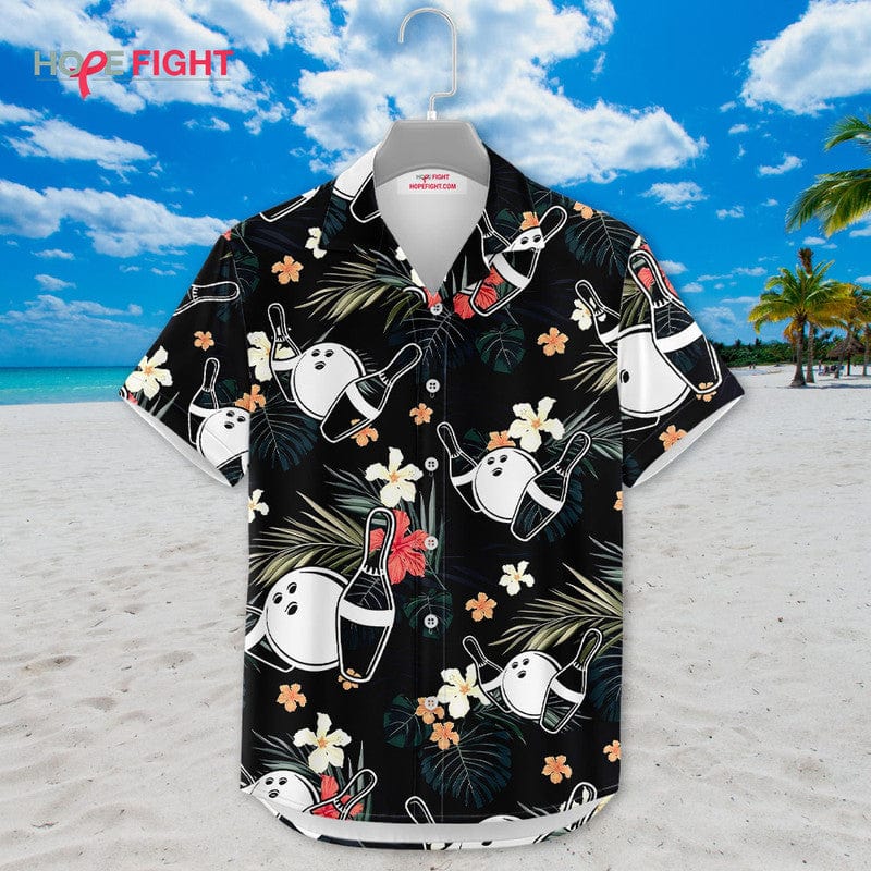 Tropical Bowling Hawaiian Shirt - Fun Bowling Pins & Champagne Print, Party Vibes