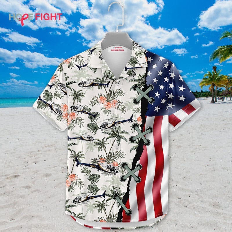 Military Helicopter Hawaiian Shirt - American Flag & Tropical Aviation Design