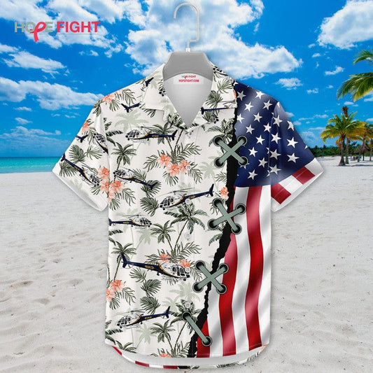 Military Helicopter Hawaiian Shirt - American Flag & Tropical Aviation Design