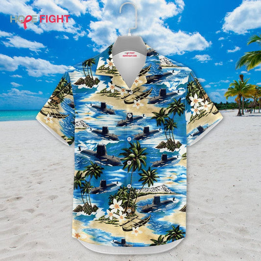 Submarine Hawaiian Shirt - Navy Deep Sea & Tropical Island Design