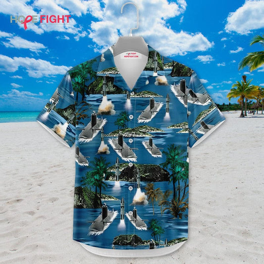 Submarine Hawaiian Shirt - Missile Launch & Tropical Ocean Navy Theme