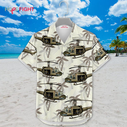 Military Helicopter Hawaiian Shirt - UH-1 Huey & Tropical Camouflage Design