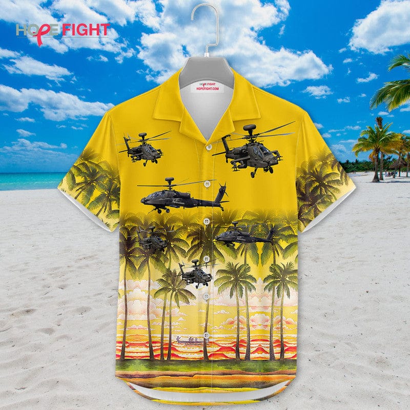 Military Helicopter Hawaiian Shirt - Apache Attack & Golden Sunset Design