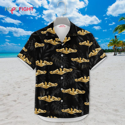 Submarine Hawaiian Shirt - Gold Navy Insignia & Tropical Black Design
