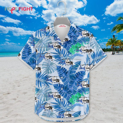 Rescue Helicopter Hawaiian Shirt - Tropical Palm & Blue Foliage Design