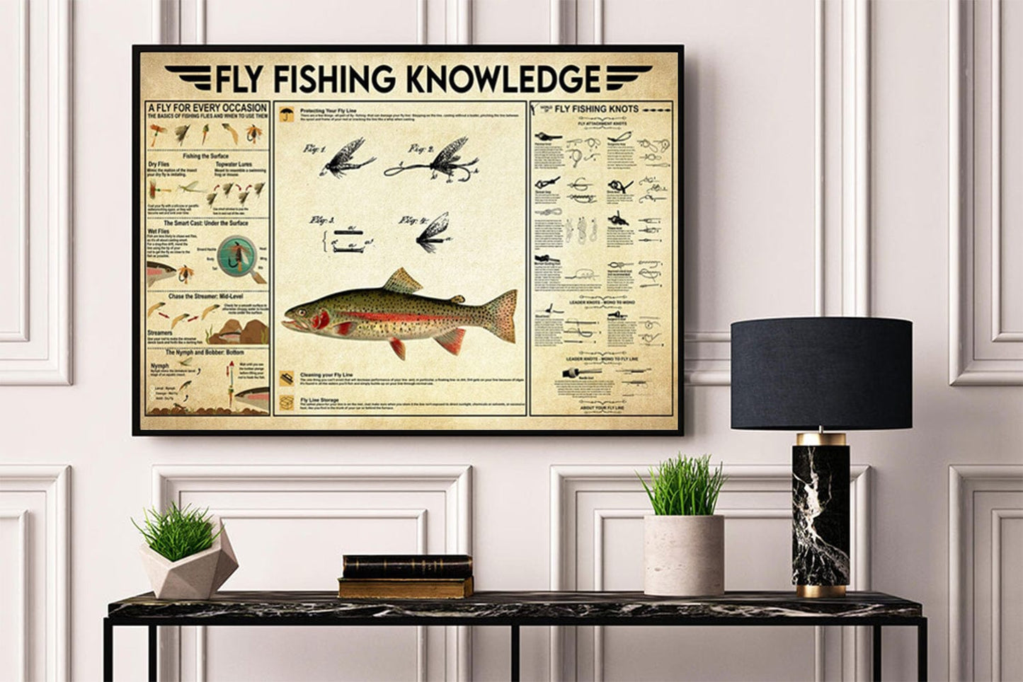 Póster de conocimientos sobre pesca con mosca, lienzo