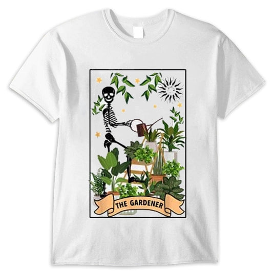 Camiseta de jardinería con esqueleto místico y divertida carta del tarot del jardinero