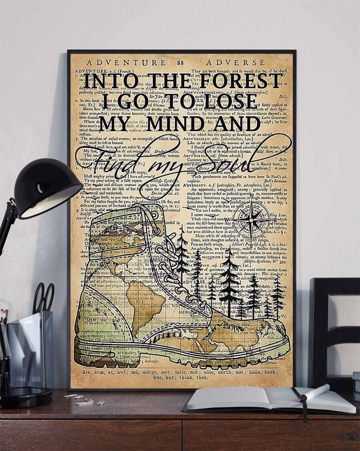 Póster, lienzo, botas de senderismo para acampar en el bosque, voy a perder la cabeza y encontrar mi alma