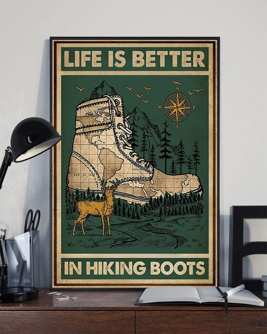 Póster retro verde La vida es mejor con botas de montaña, lienzo