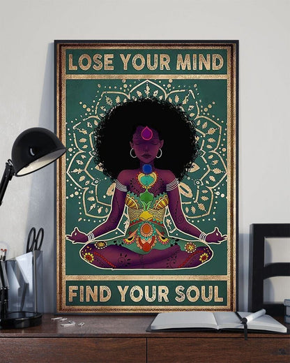 Póster de yoga para chicas negras, "Pierde la cabeza y encuentra tu alma" (en lienzo)