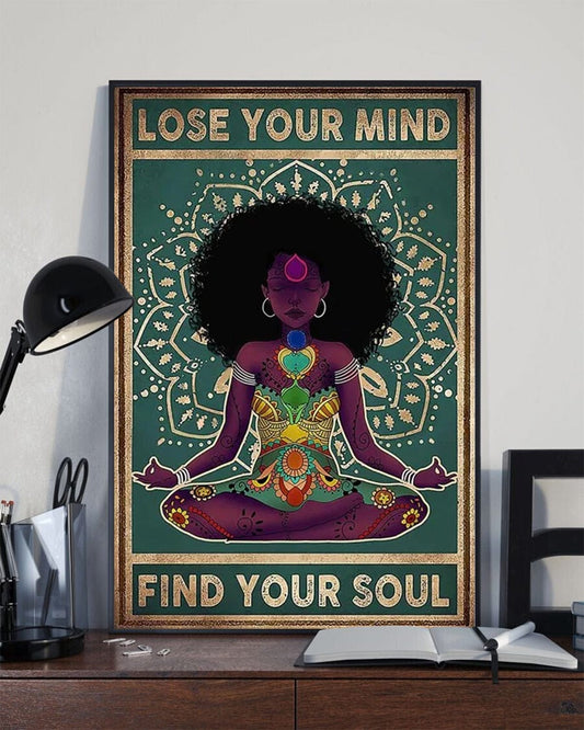 Póster de yoga para chicas negras, "Pierde la cabeza y encuentra tu alma" (en lienzo)