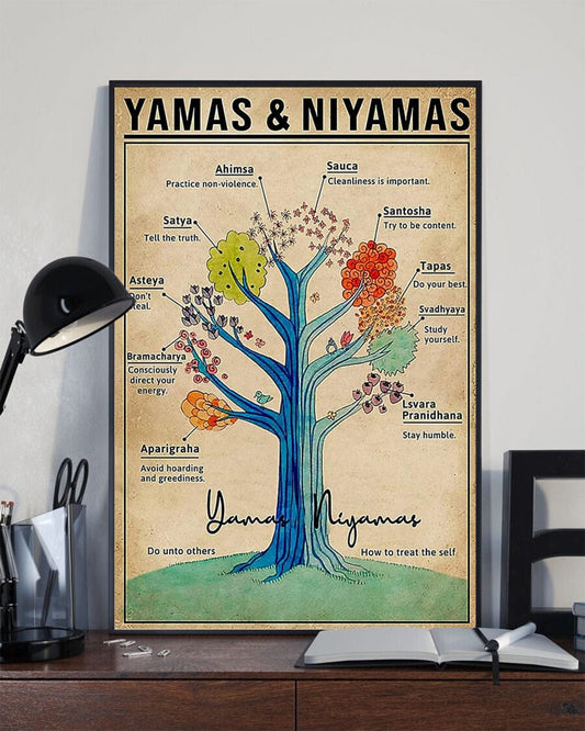 Póster de conocimiento de yoga del chakra del árbol de Yamas y Niyamas, lienzo