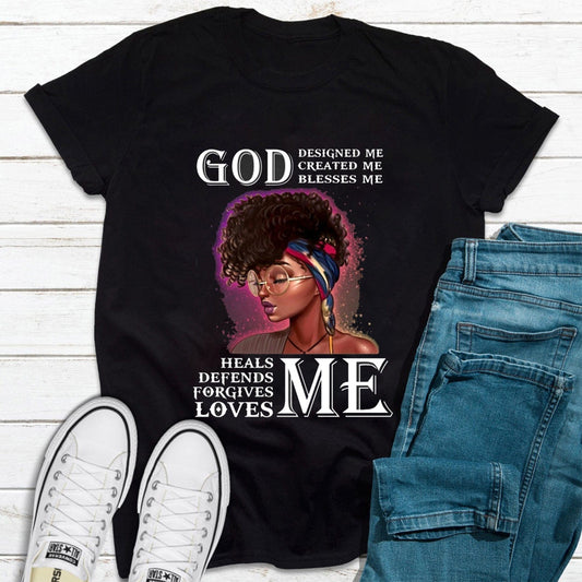 Camisetas de mujer negra con el lema "Dios me diseñó", camiseta afroamericana